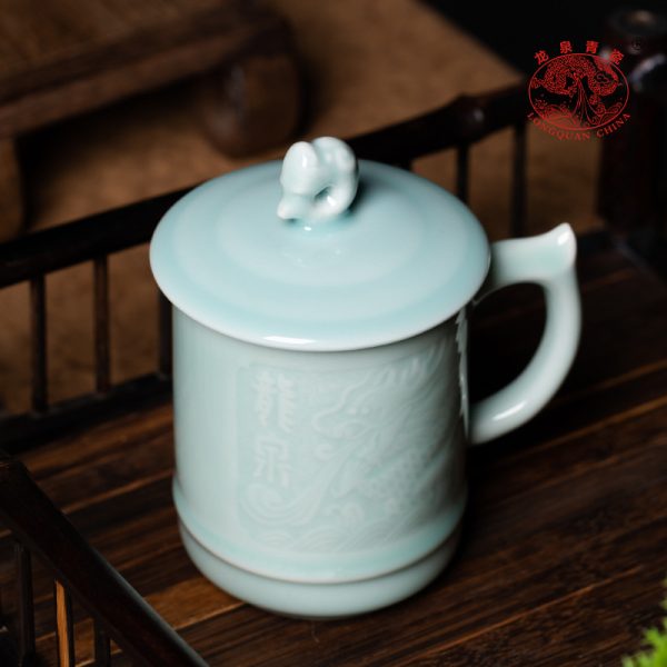 龙泉青瓷 创意带盖办公杯喝茶杯子家用马克杯 陶瓷泡茶水杯情侣杯