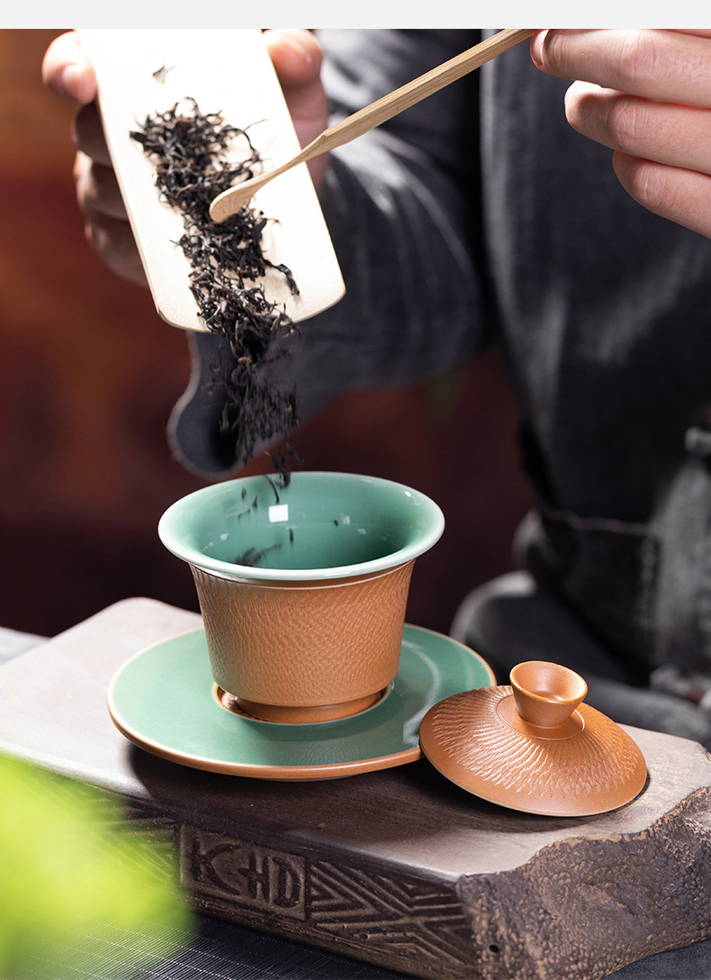 龙泉青瓷 创意手工跳刀三才盖碗单个敬茶碗 陶瓷大容量功夫泡茶碗