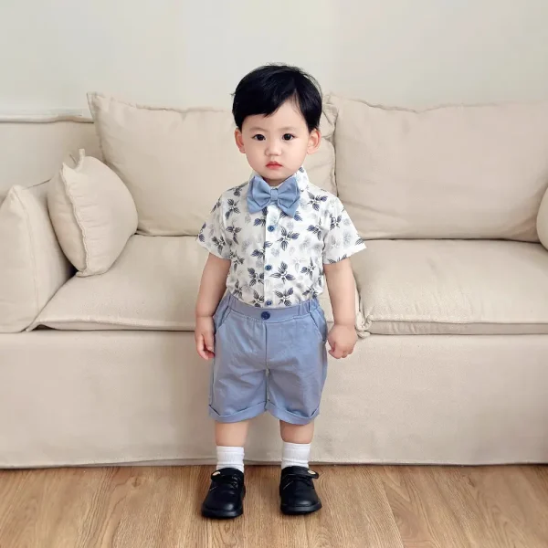跨境欧美哈衣短袖短裤三件套儿童服装小宝宝夏季洋气礼服男童套装