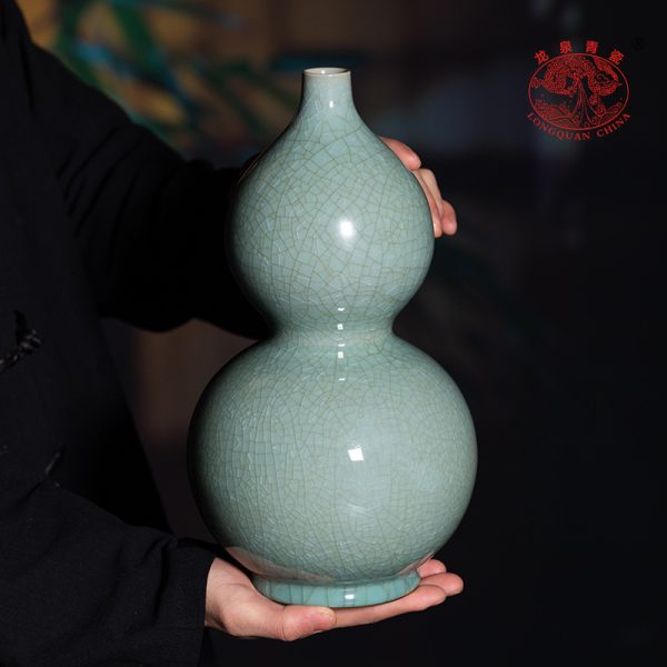 龙泉青瓷中式纯手工葫芦花瓶陶瓷高档客厅花插装饰品工艺收藏摆件