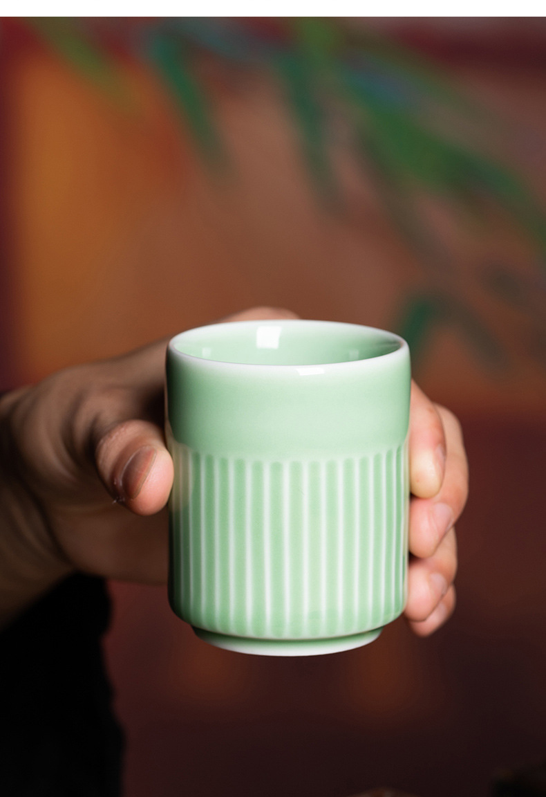 龙泉青瓷 创意防烫家用中式琉璃直口杯 陶瓷随手请客居家泡茶杯子