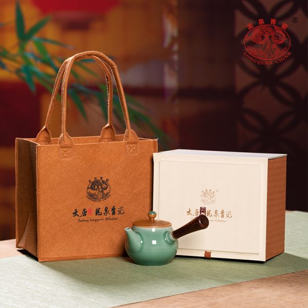 龙泉青瓷 侧把壶家用功夫茶具泡茶壶单壶 陶瓷手工跳刀轻奢风茶壶