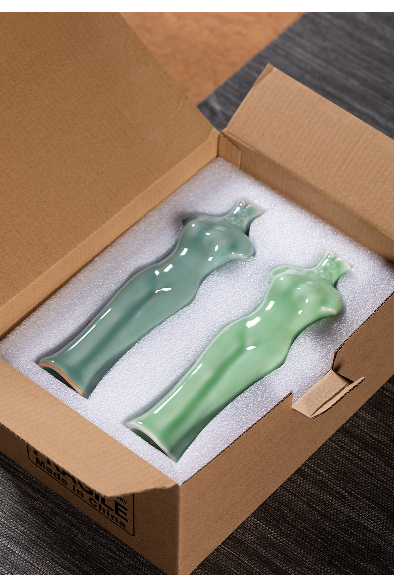 龙泉青瓷花瓶创意客厅中式小号家居装饰摆件陶瓷水培插花器二件套
