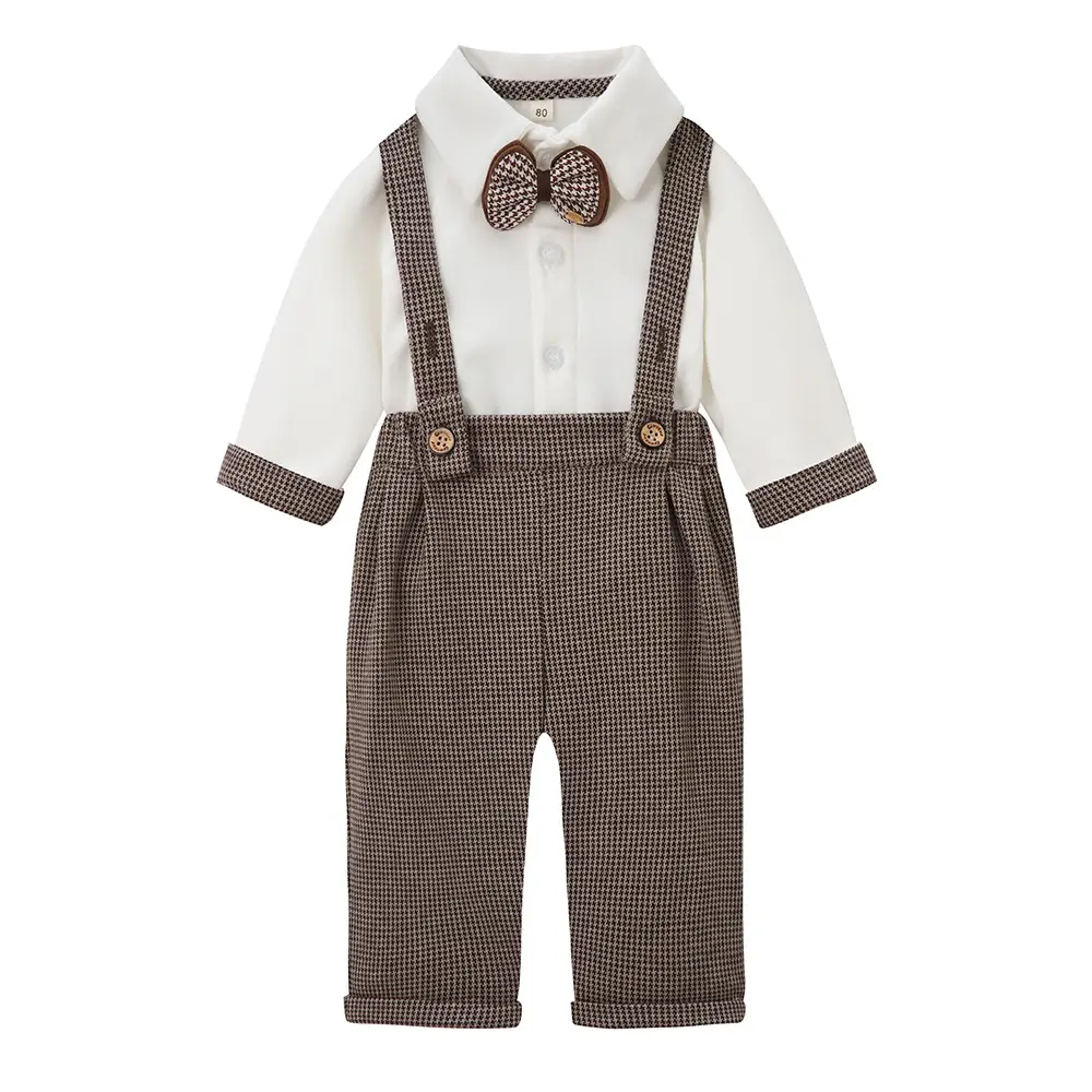 英伦风男宝宝背带裤套装千鸟格长袖男童生日服装春秋绅士礼服