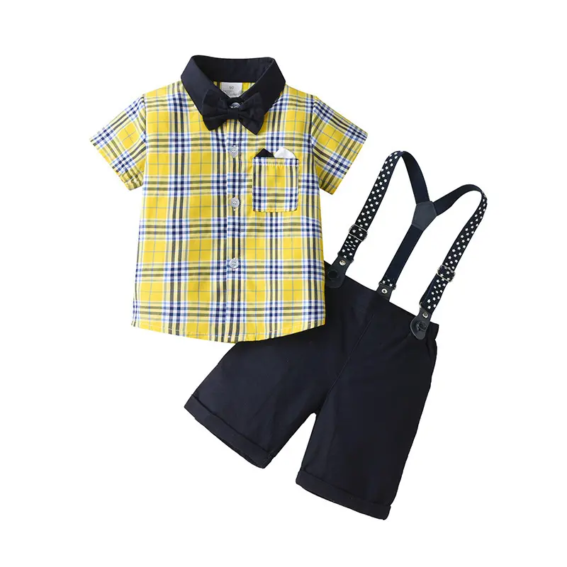 跨境童装批发英伦绅士格子三件套男童夏装宝宝夏季短袖款儿童套装