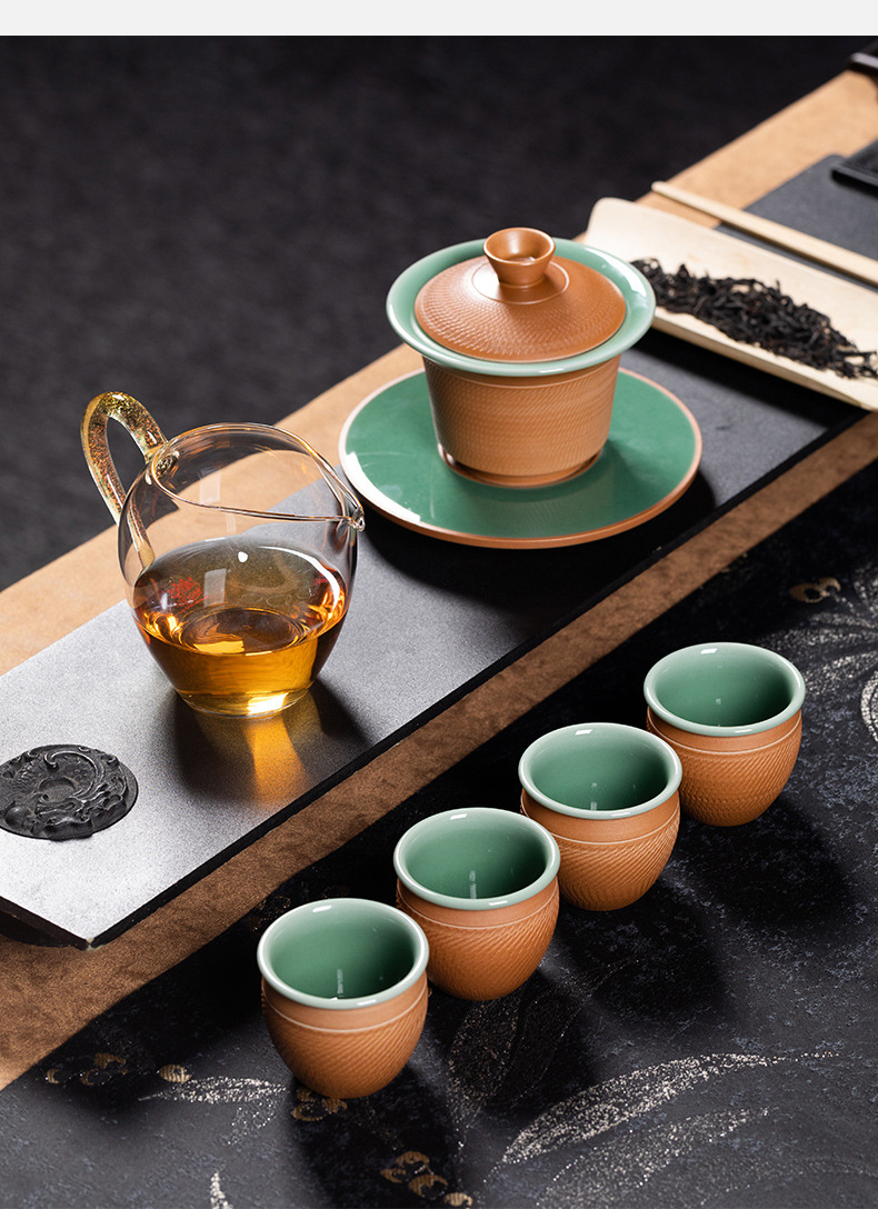 龙泉青瓷 复古跳刀功夫茶具手工一碗四杯 陶瓷便携茶碗茶杯礼盒装
