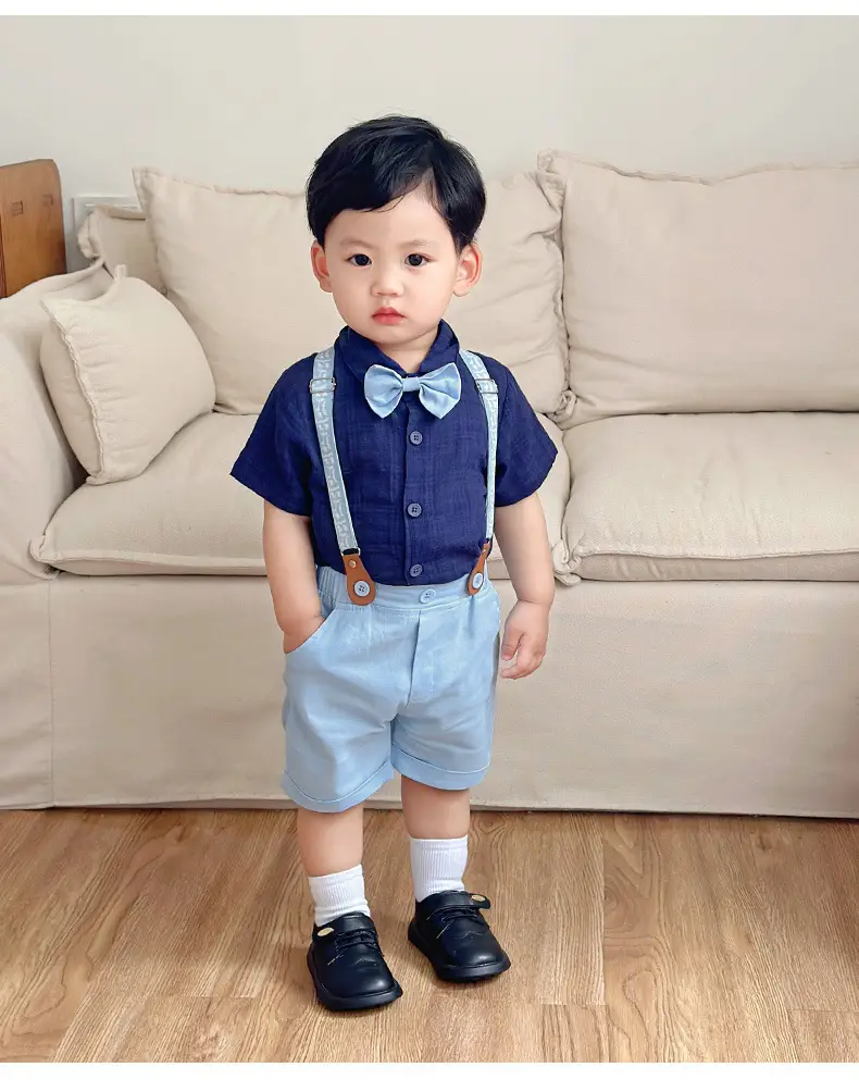 欧美绅士夏款儿童套装宝宝正装polo衬衫背带短裤宴会礼服男童夏装