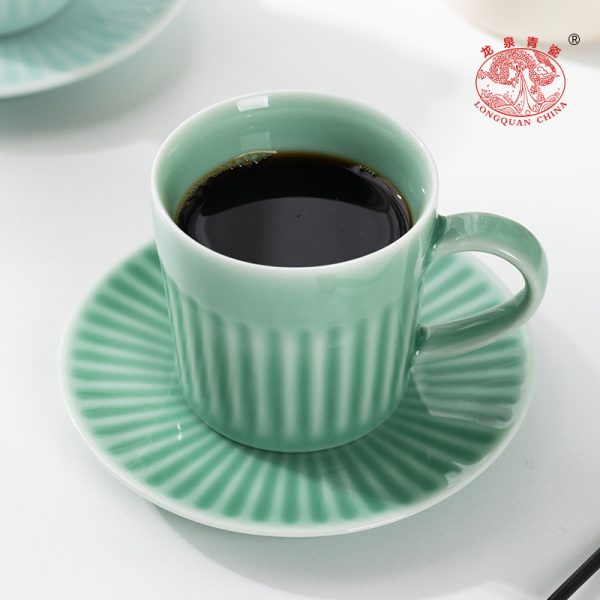 龙泉青瓷 创意美式复古咖啡杯碟套装 陶瓷马克杯办公杯子早餐杯
