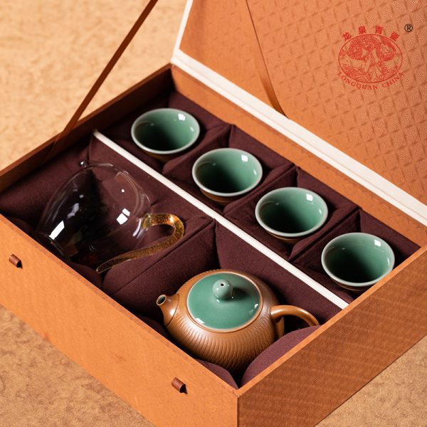 龙泉青瓷 手工跳刀一壶四杯功夫旅行茶具 陶瓷家用便携泡茶壶茶杯