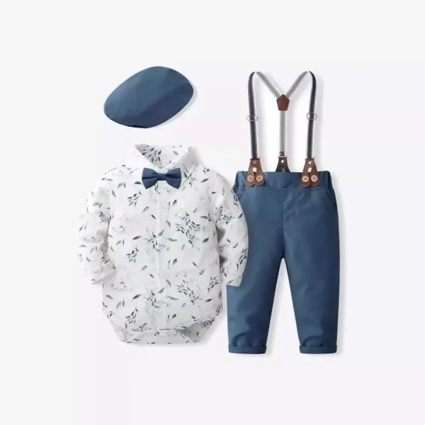 婴幼童花纹绅士礼服套装英伦风男童带帽衣服周岁儿童背带裤三件套