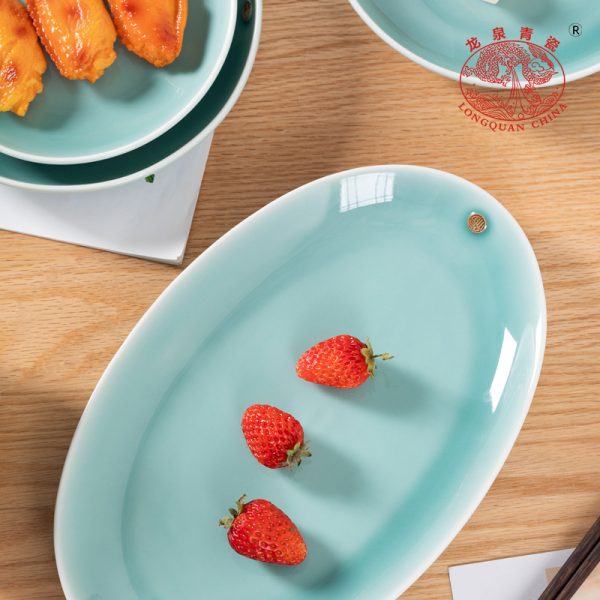 龙泉青瓷 椭圆形鱼盘家用蒸鱼盘 创意中式耐高温陶瓷菜盘酒店餐具