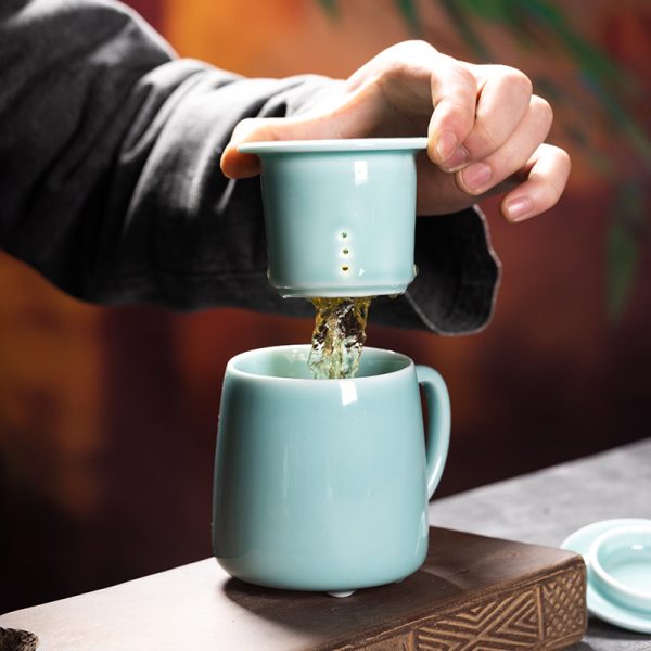 龙泉青瓷 创意同心杯带盖过滤茶杯单杯 大号家用会客茶水杯办公杯