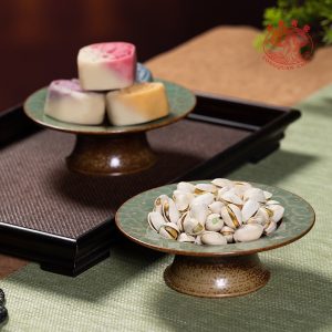 龙泉青瓷 高脚水果盘窑变茶点盘 陶瓷家用客厅托盘中式供贡点心盘
