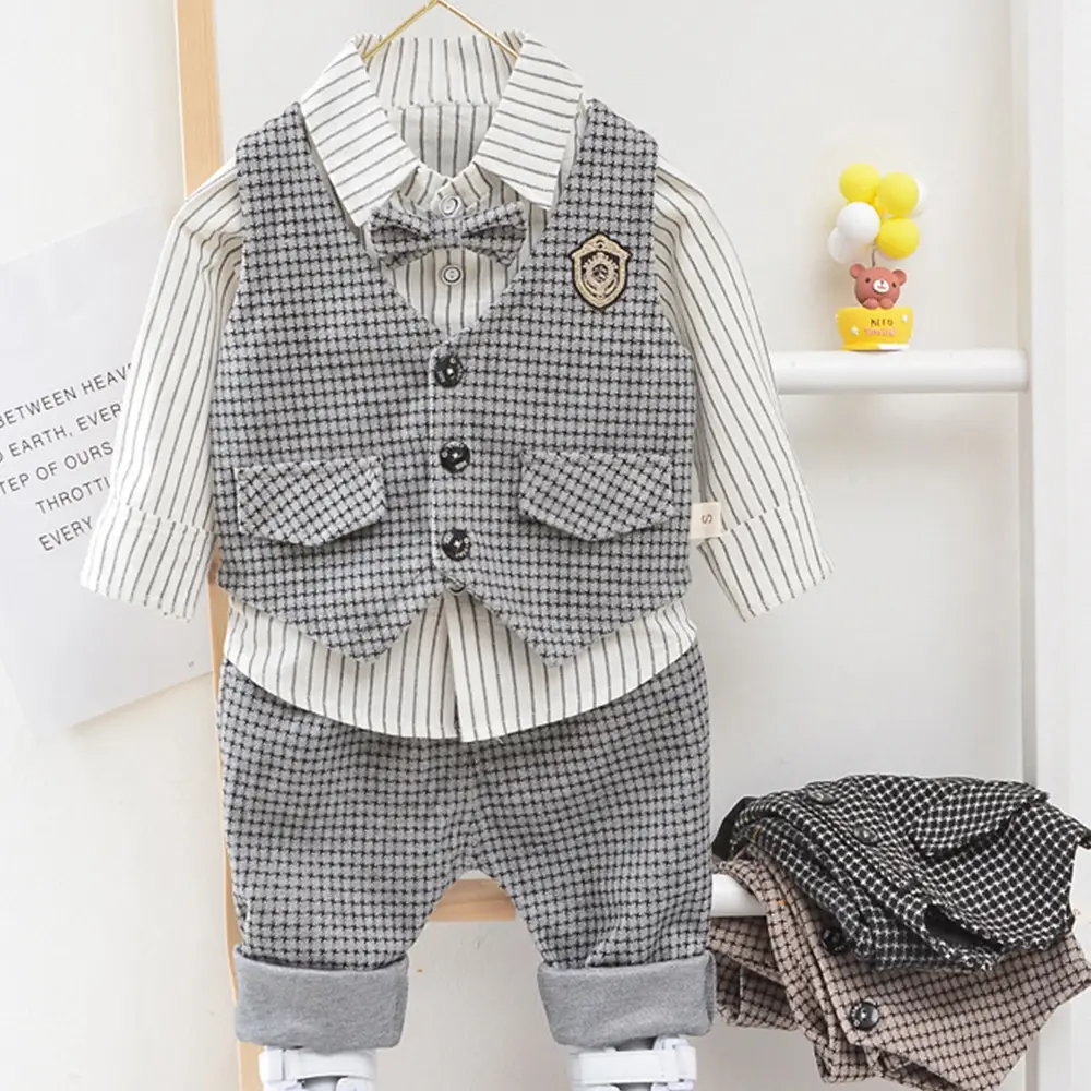 欧美春秋男童长袖长裤马甲礼服三件套儿童千鸟格外贸表演绅士新款