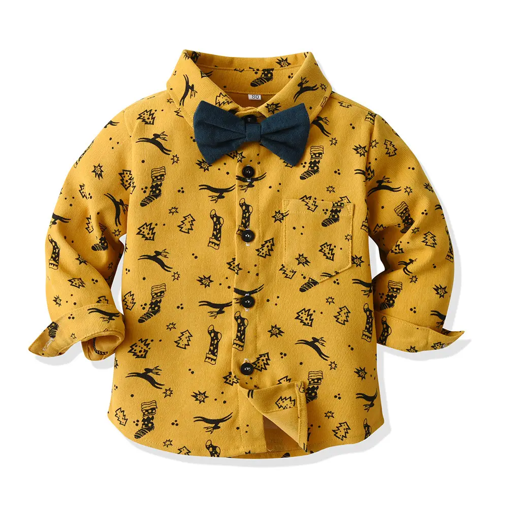 儿童秋装外贸童装圣诞印花长袖衬衫背带裤中大童套装男宝周岁礼服