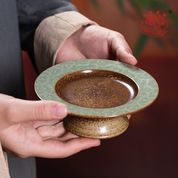 龙泉青瓷 高脚水果盘窑变茶点盘 陶瓷家用客厅托盘中式供贡点心盘