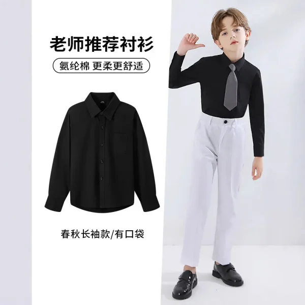 跨境春秋季学生儿童衬衫黑色长袖方领衬衫儿童演出童装中大童衬衣