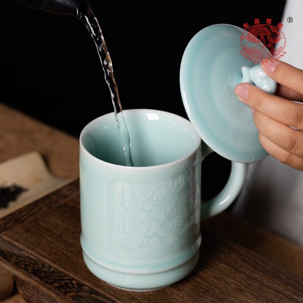 龙泉青瓷 创意带盖办公杯喝茶杯子家用马克杯 陶瓷泡茶水杯情侣杯