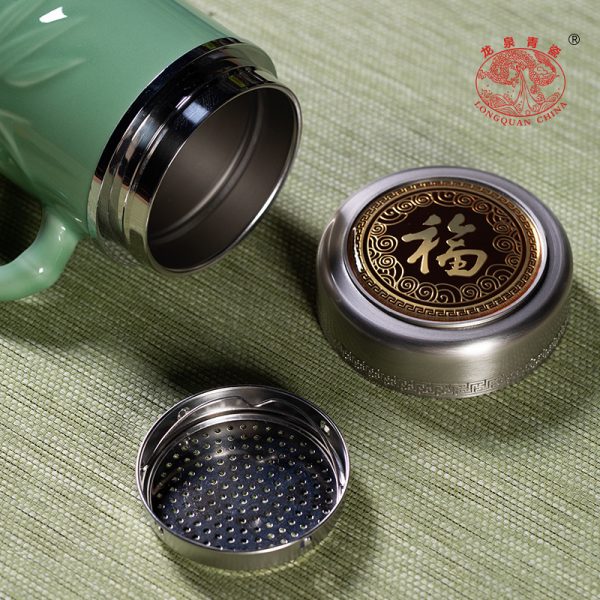 龙泉青瓷 竹节保温杯不锈钢内胆茶水分离泡茶杯 陶瓷大容量商务杯
