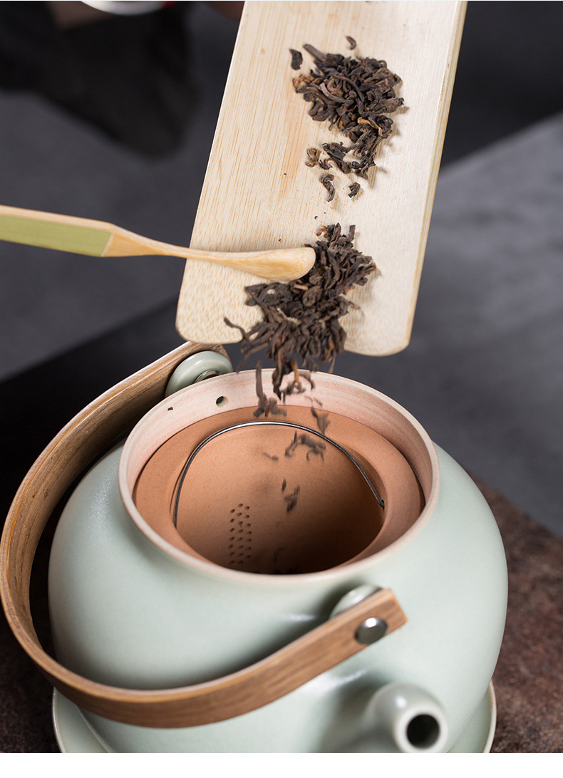 龙泉青瓷 汝窑整套高档功夫茶具 陶瓷冰裂提梁壶茶杯礼盒送礼套装