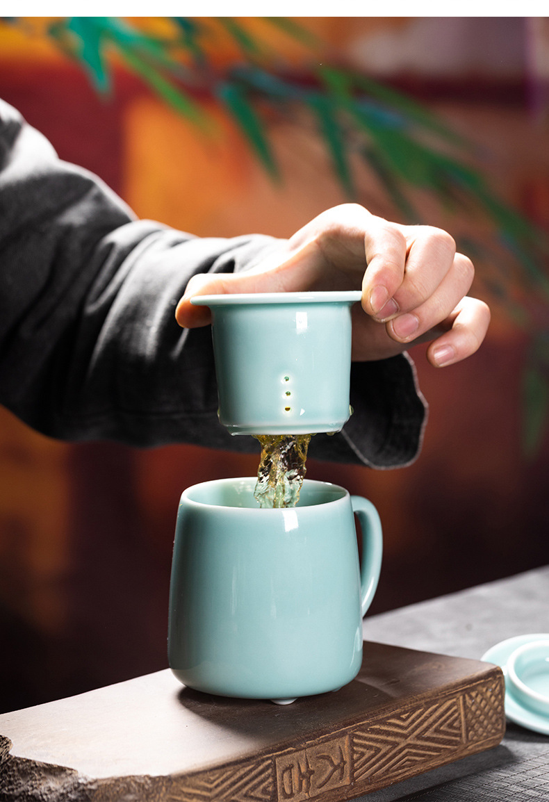 龙泉青瓷 创意同心杯带盖过滤茶杯单杯 大号家用会客茶水杯办公杯