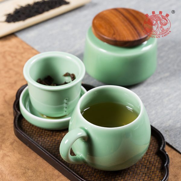 龙泉青瓷 带盖过滤茶水分离泡茶杯嘟嘟杯 陶瓷办公室马克杯茶叶罐