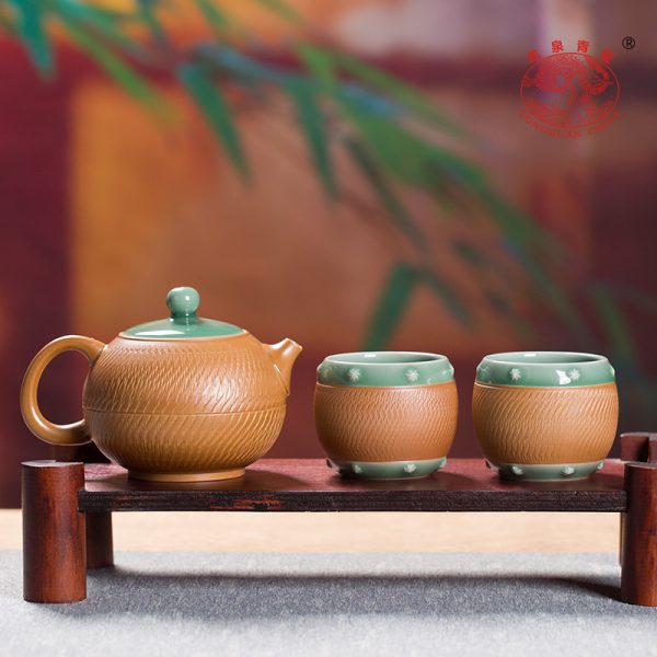 龙泉青瓷 创意跳刀茶具套装便捷家用一壶两杯 陶瓷功夫泡茶西施壶