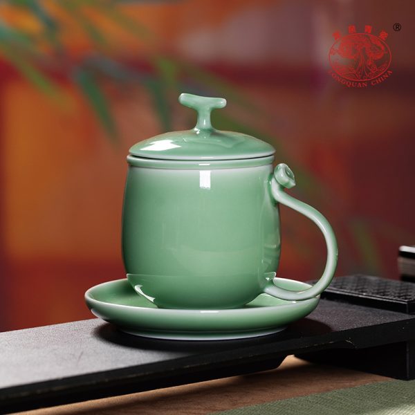 龙泉青瓷莲瓣高足杯子复古茶杯陶瓷家用主人杯马克杯功夫泡茶具