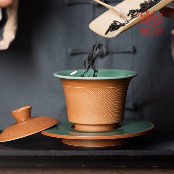 龙泉青瓷 复古跳刀功夫茶具手工一碗四杯 陶瓷便携茶碗茶杯礼盒装