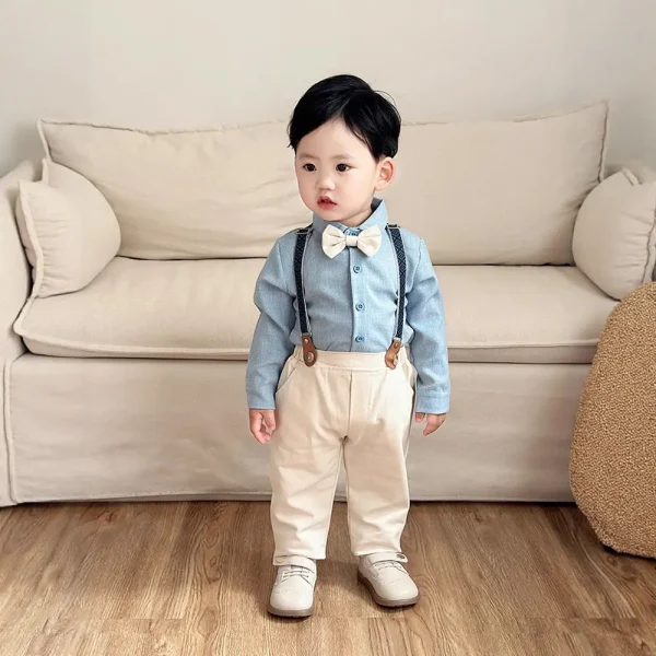 跨境 童装儿童领结格子衬衫长裤两件套宝宝春秋新款欧美男童套装