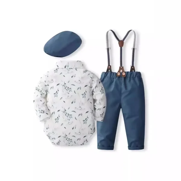 婴幼童花纹绅士礼服套装英伦风男童带帽衣服周岁儿童背带裤三件套