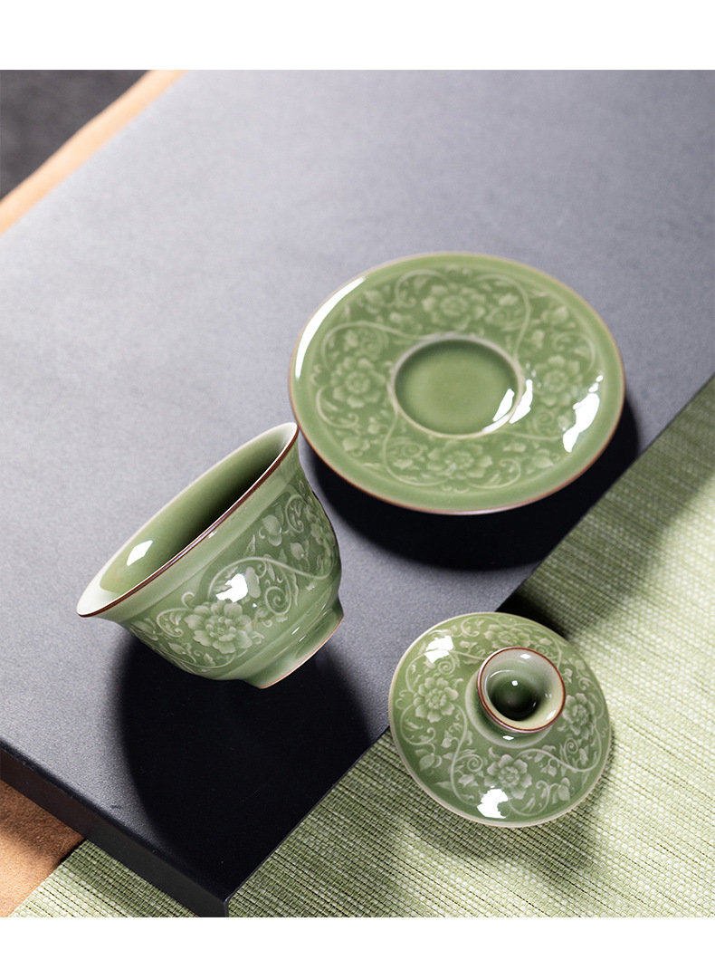 龙泉青瓷 越窑仿古高档功夫茶具套装 陶瓷盖碗泡茶壶品茗杯礼盒装