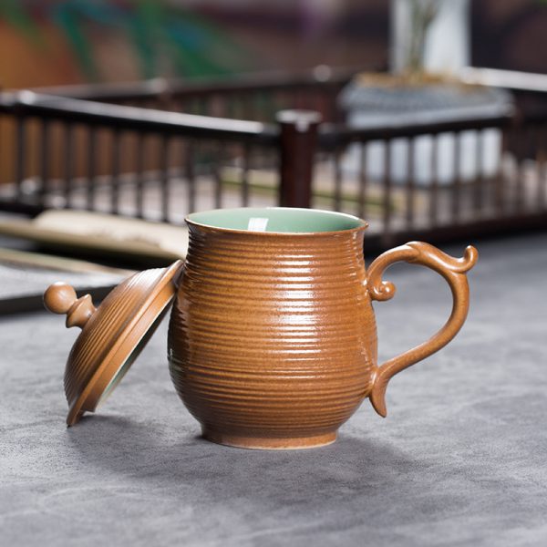 龙泉青瓷 青灰釉办公杯茶杯陶瓷手工杯子 带盖龙柄杯高档会议水杯