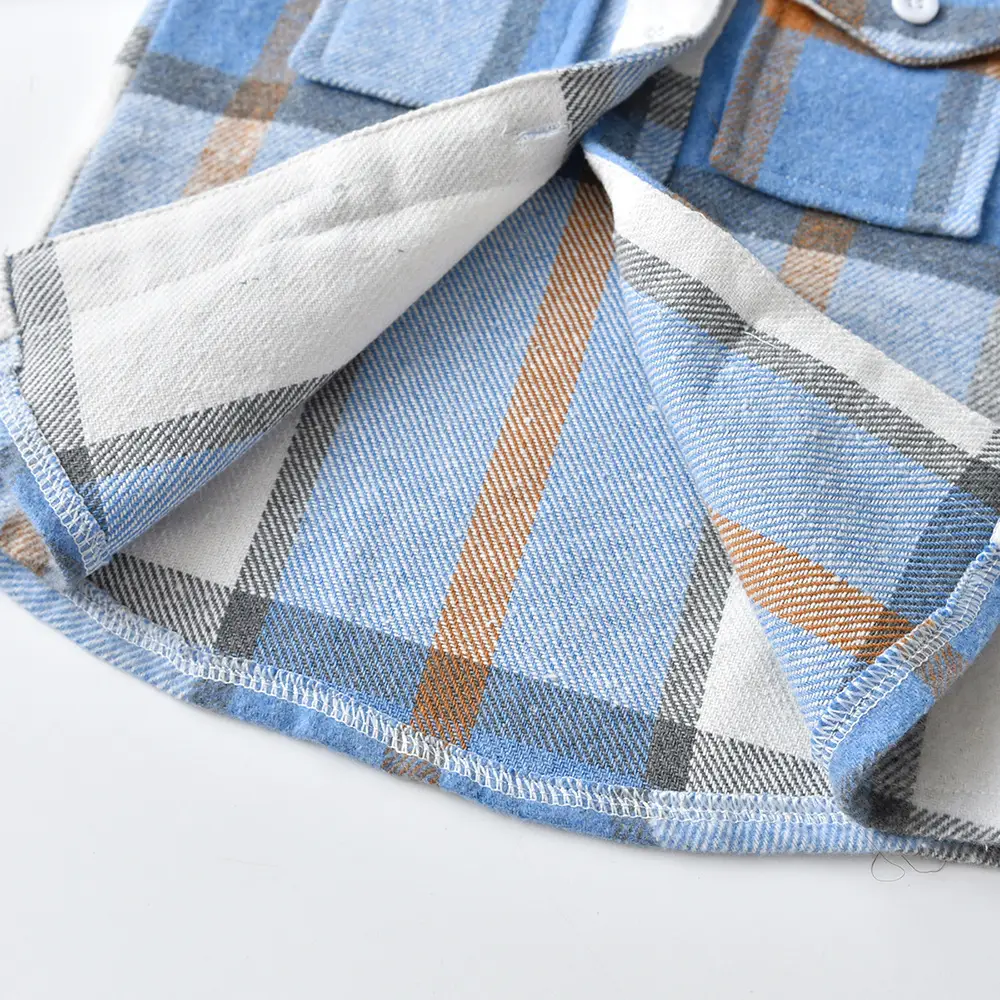 外贸童装男童蓝色拼接格子口袋衬衫长袖2022秋季新款春秋儿童上衣