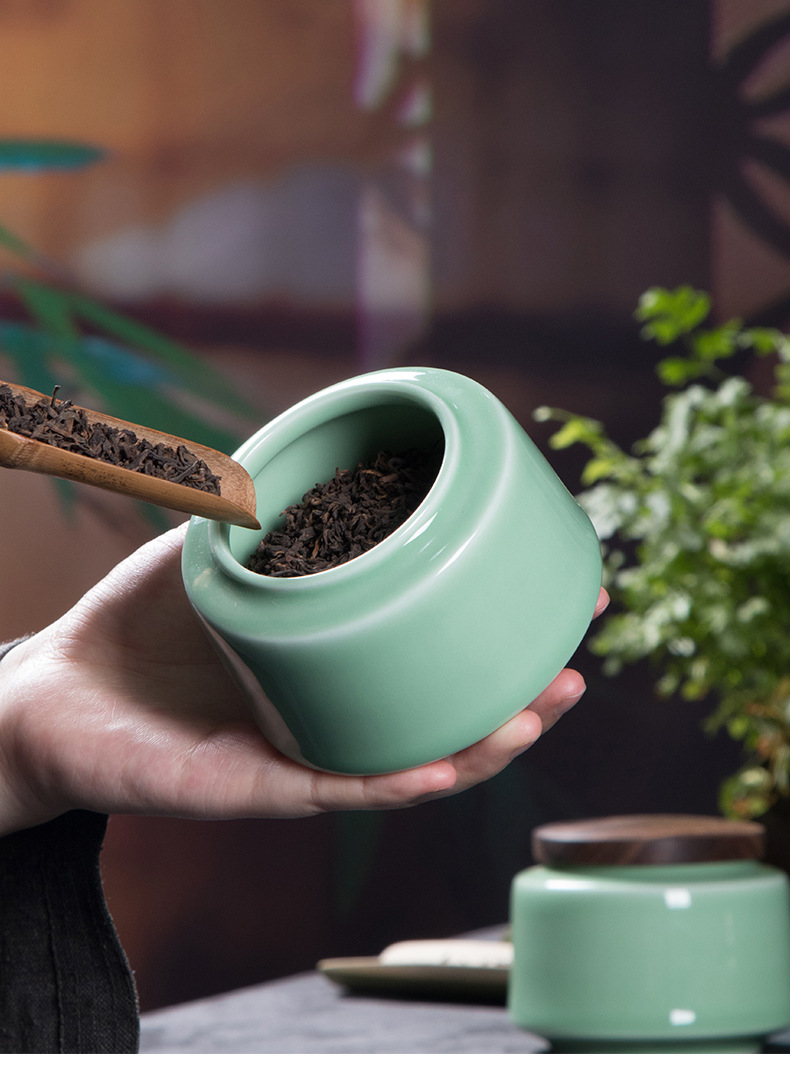 龙泉青瓷 厂家直销酸枝木盖茶叶罐 陶瓷密封罐双罐礼盒装雕刻LOGO