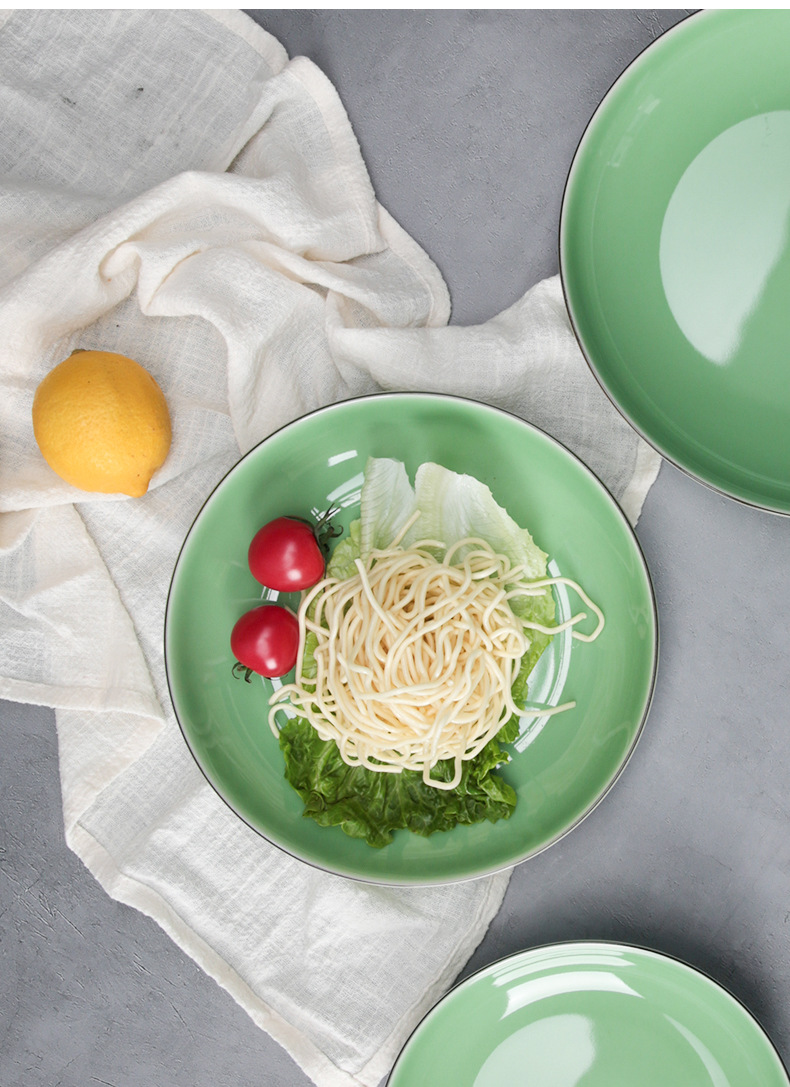 龙泉青瓷 8寸菜盘子家用骨碟盘祥云西餐盘陶瓷深盘餐具酒店早餐盘