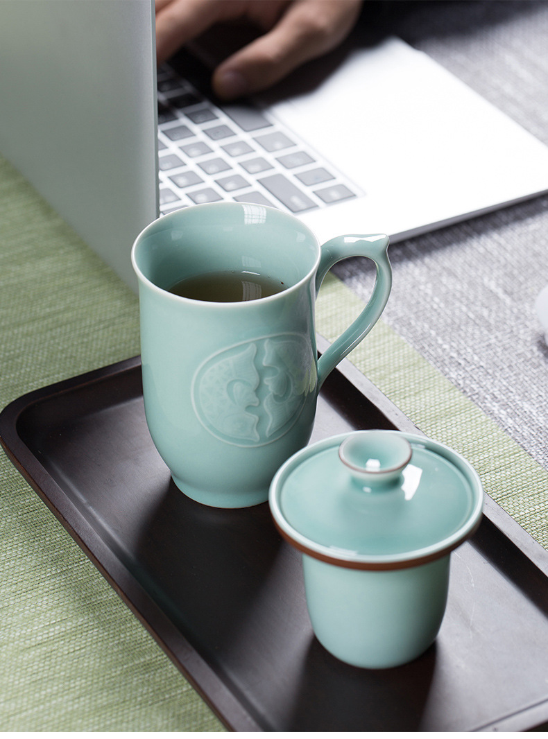 龙泉青瓷 办公杯茶杯过滤带盖带柄泡茶水杯 商务会议马克杯礼盒装