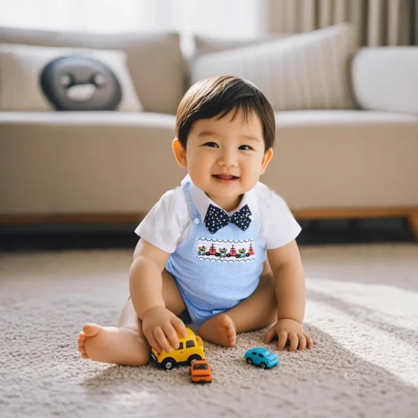 婴幼儿夏季新款打揽刺绣连体衣 男宝宝三角哈衣格子童装 厂家批发