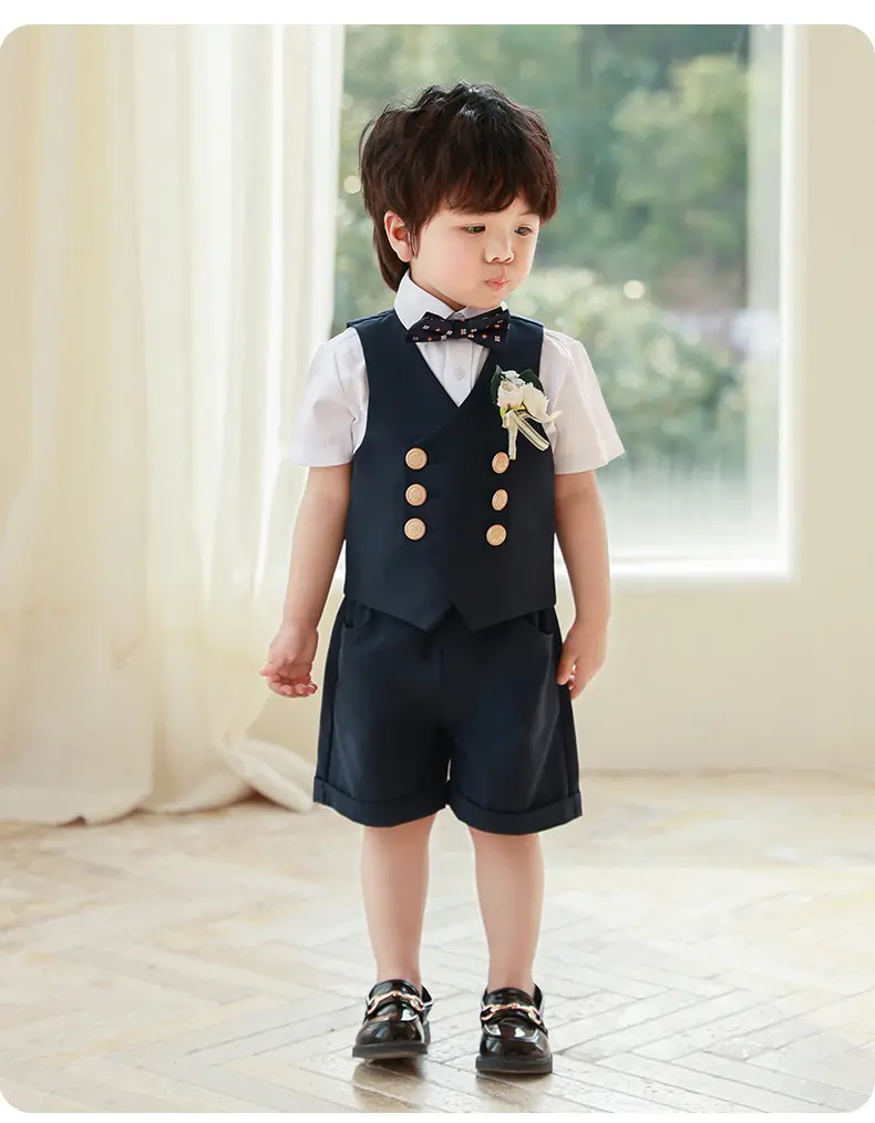 男童西装马甲短袖套装夏季英伦风表演演出服宝宝生日周岁礼服花童