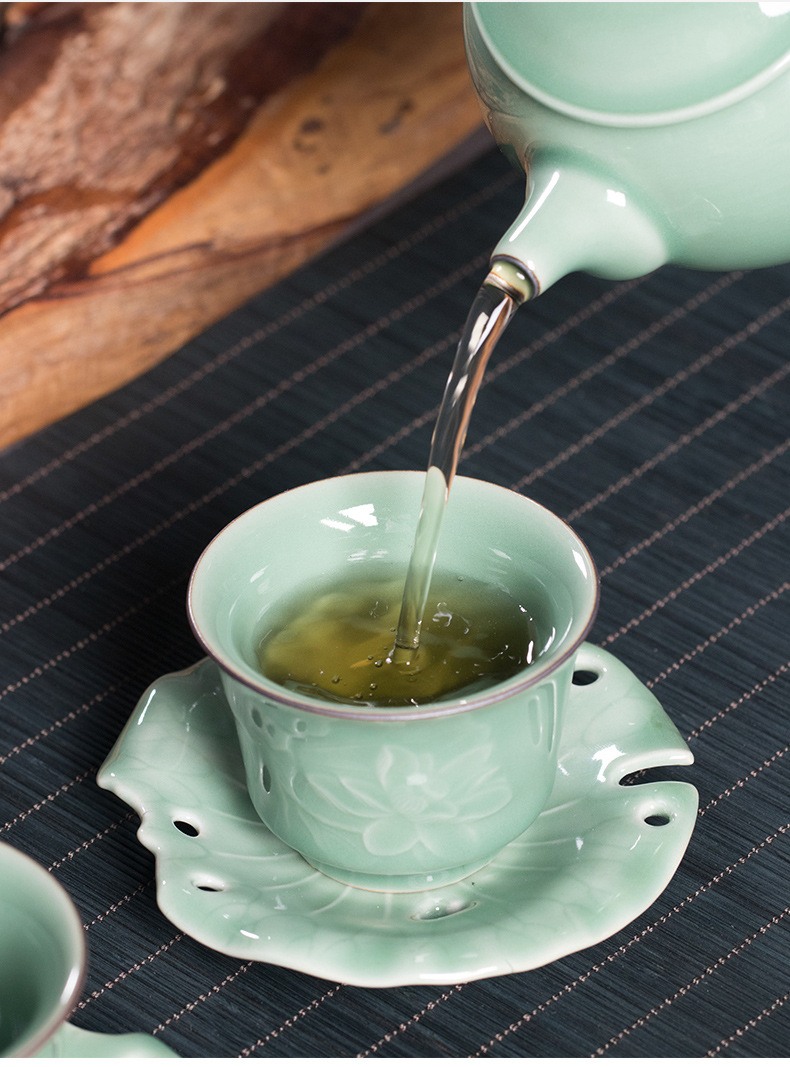 龙泉青瓷 创意中式功夫茶具 陶瓷手工荷花一壶两杯四杯礼盒装代发