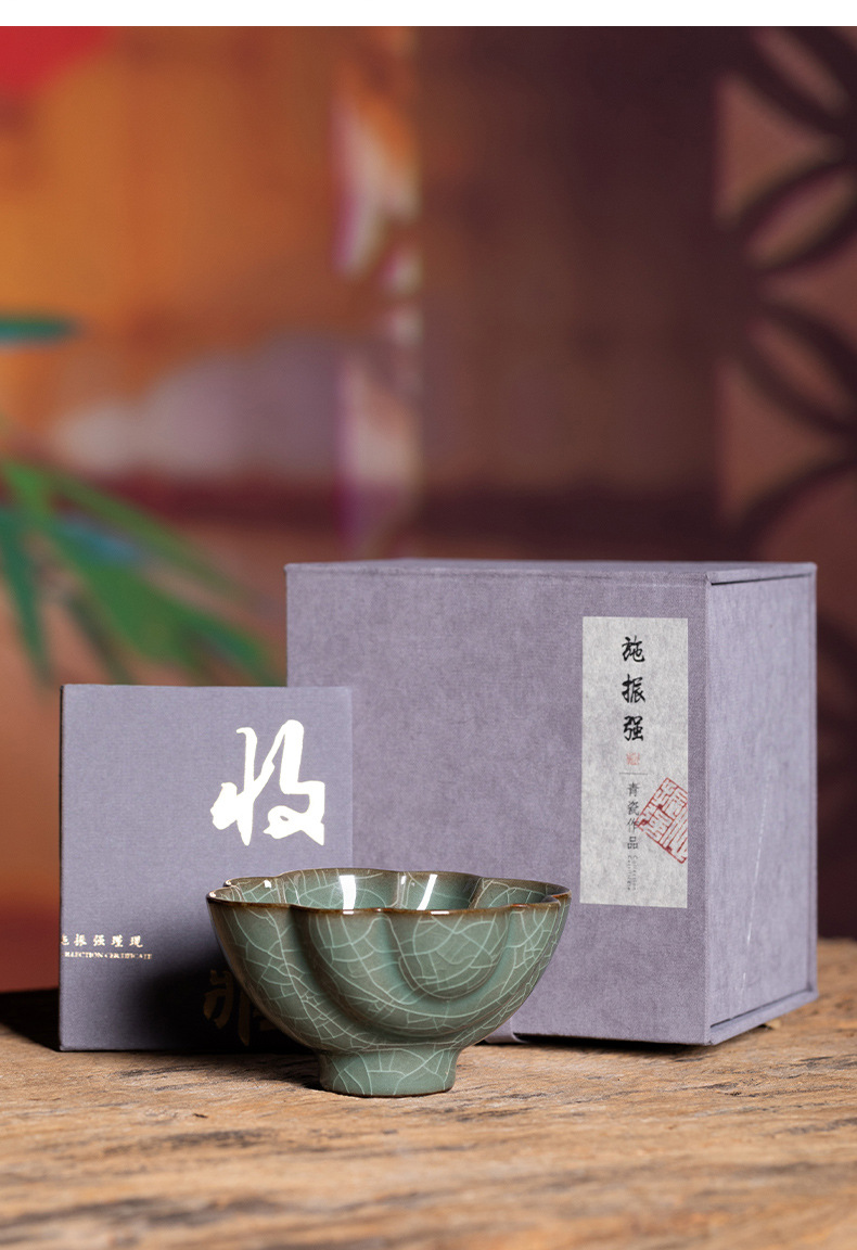 龙泉青瓷 传世哥窑手工主人杯单杯功夫茶杯 陶瓷压手茶碗品茗杯盏