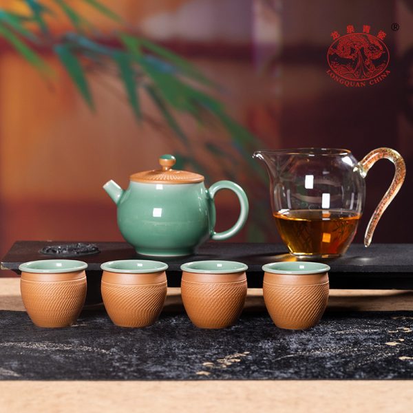 龙泉青瓷 创意高档手工跳刀一壶四杯功夫茶具 复古旅行泡茶壶茶杯