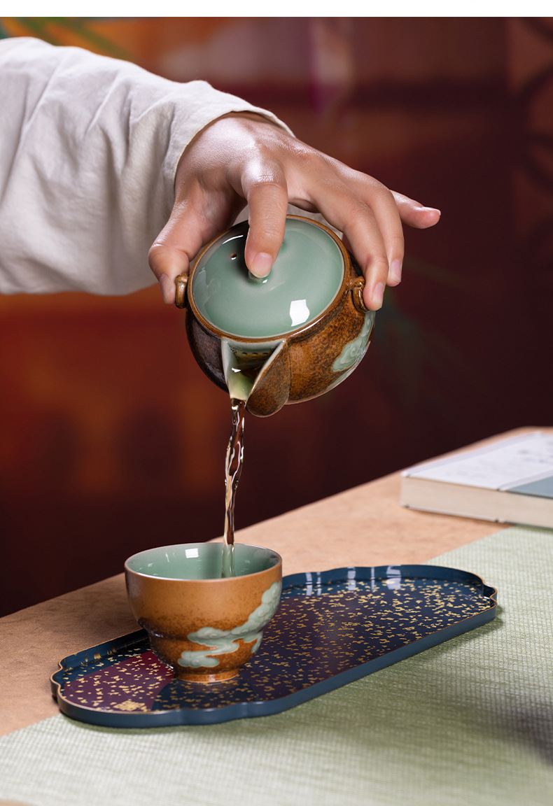 龙泉青瓷 黄铜茶盘轻奢家用功夫茶具干泡台 茶台小型带储水盘托盘