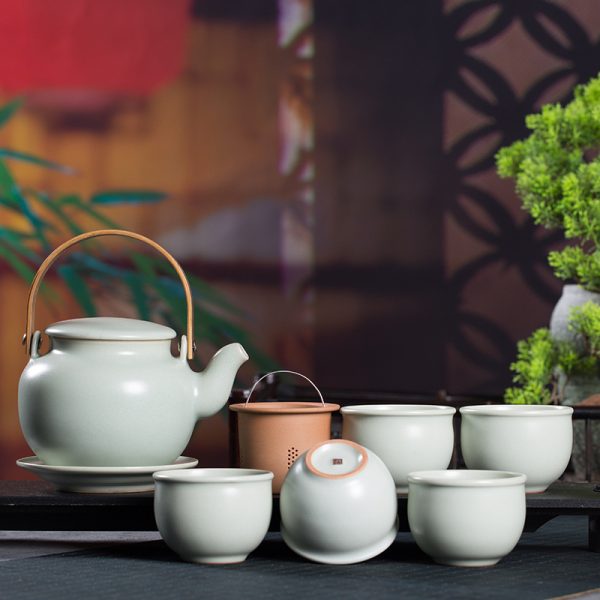 龙泉青瓷 汝窑整套高档功夫茶具 陶瓷冰裂提梁壶茶杯礼盒送礼套装
