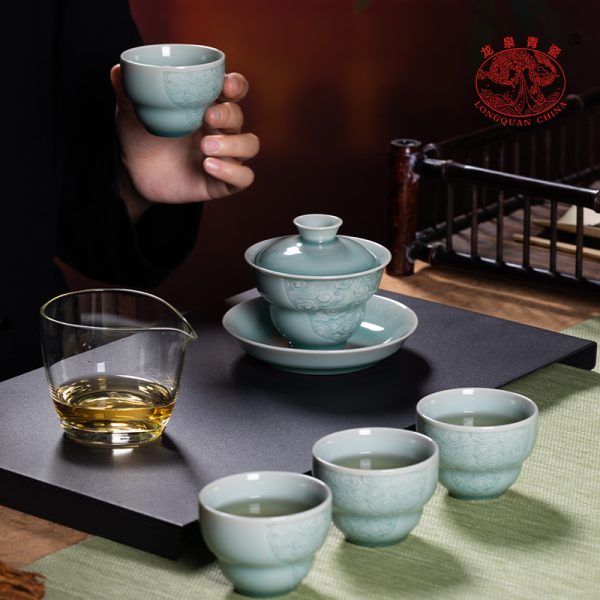 龙泉青瓷 功夫茶具三才盖碗茶杯套装 陶瓷高档中式家用喝茶泡茶碗