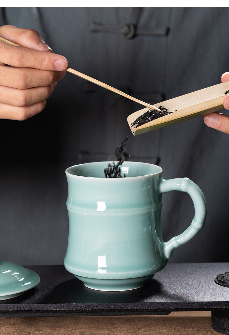 龙泉青瓷 茶杯单杯办公室泡茶杯高档家用马克杯 陶瓷水杯过滤杯子