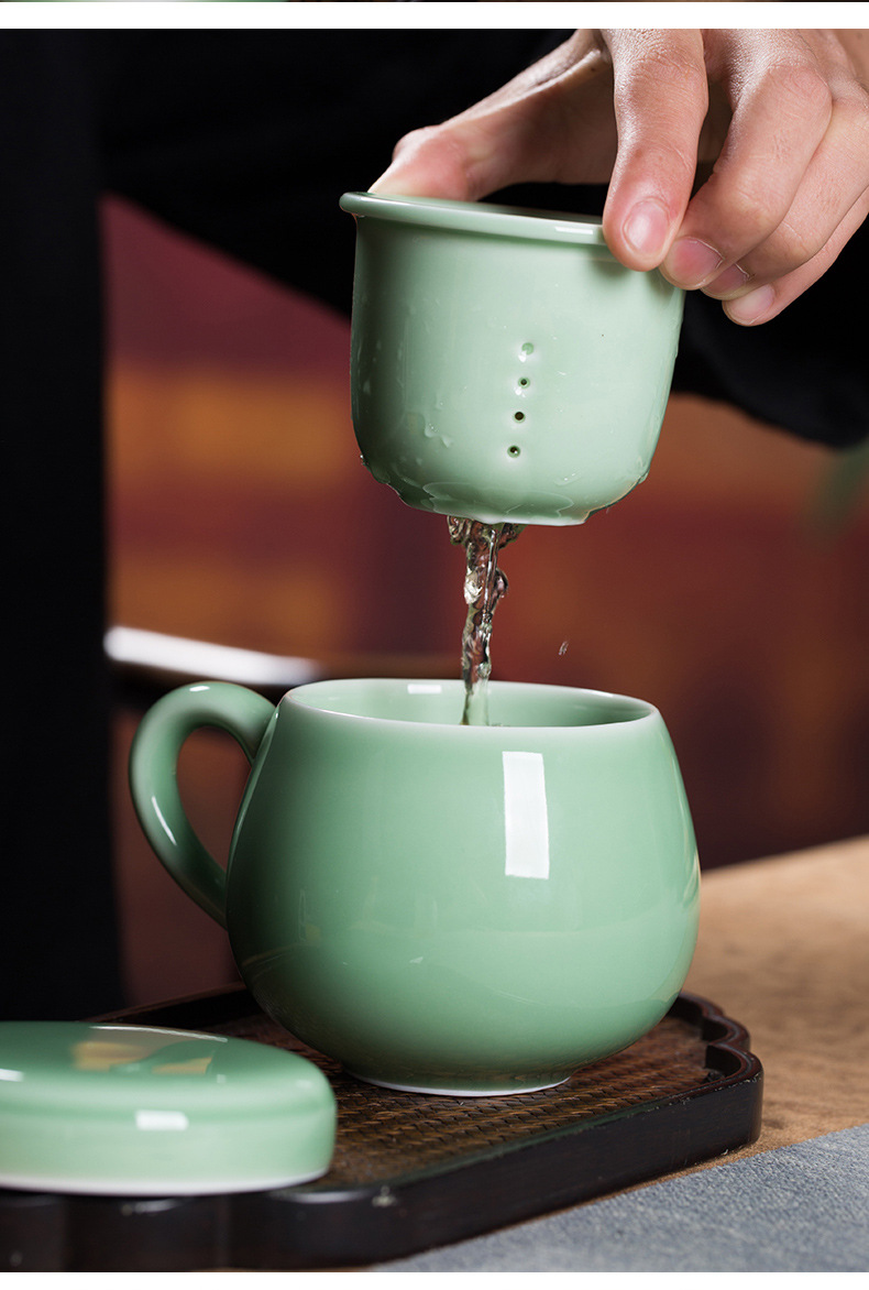 龙泉青瓷 带盖过滤茶水分离泡茶杯嘟嘟杯 陶瓷办公室马克杯茶叶罐