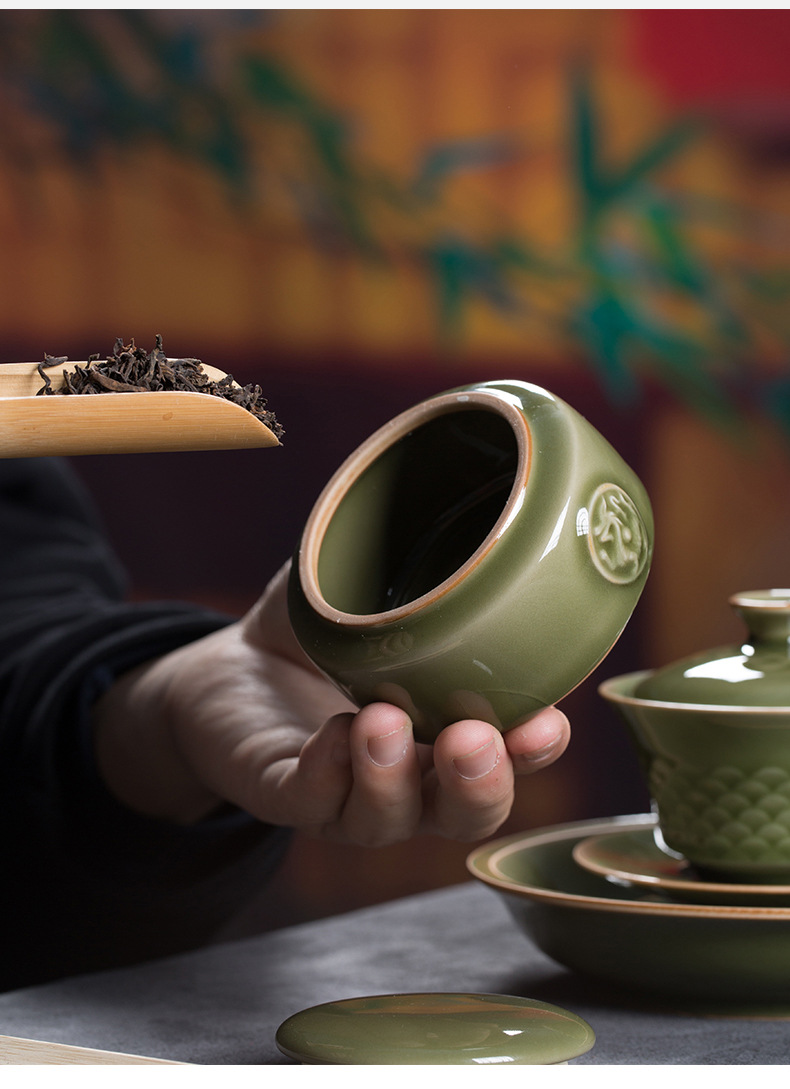 龙泉青瓷 创意复古家用功夫茶具套装 陶瓷盖碗品茗杯茶杯礼品盒装