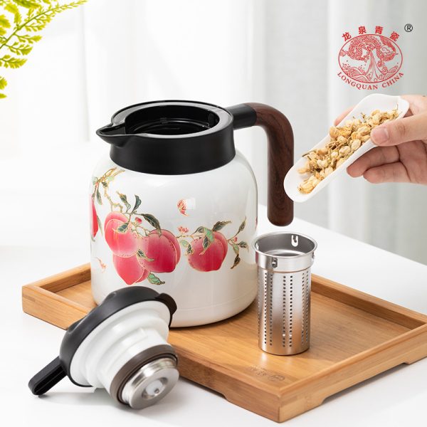 龙泉青瓷 焖茶壶家用老白茶闷泡壶九桃五福 316不锈钢保温泡茶壶