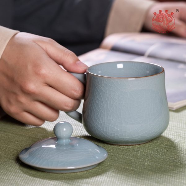 龙泉青瓷 办公杯家用带盖马克杯哥窑开片泡茶杯 陶瓷茶杯个人水杯